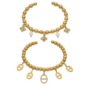 Gradient Gold Bead Clover Zircon Pearl Stainless Steel Bangle