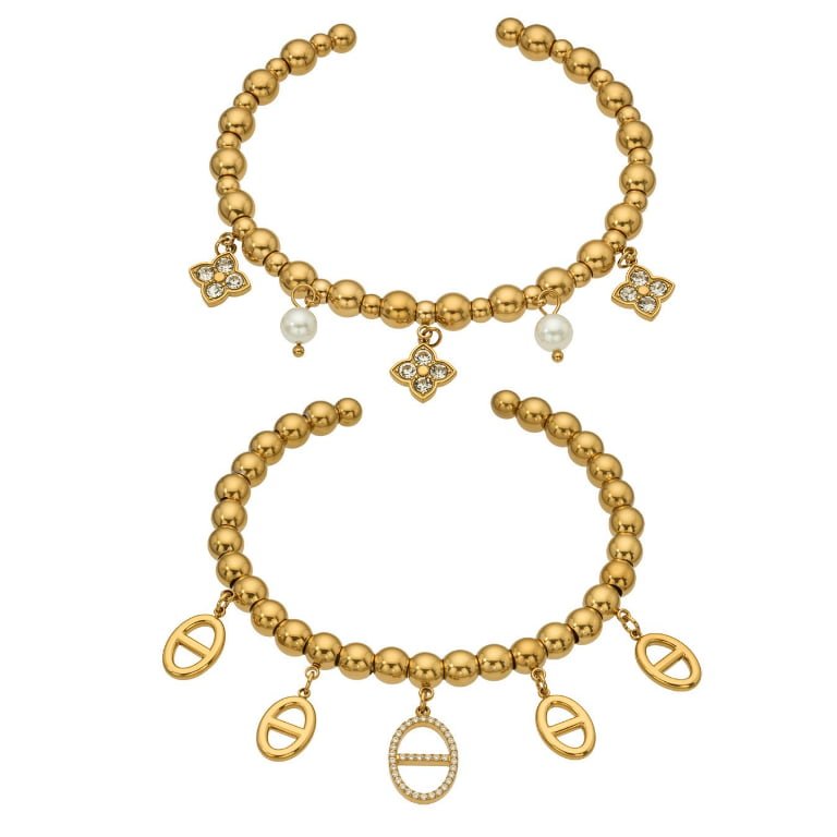 Gradient Gold Bead Clover Zircon Pearl Stainless Steel Bangle