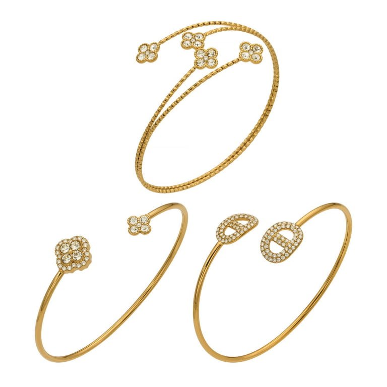 Dual Pave Zircon Pig Nose Thin Open Stainless Steel Cuff Bangle