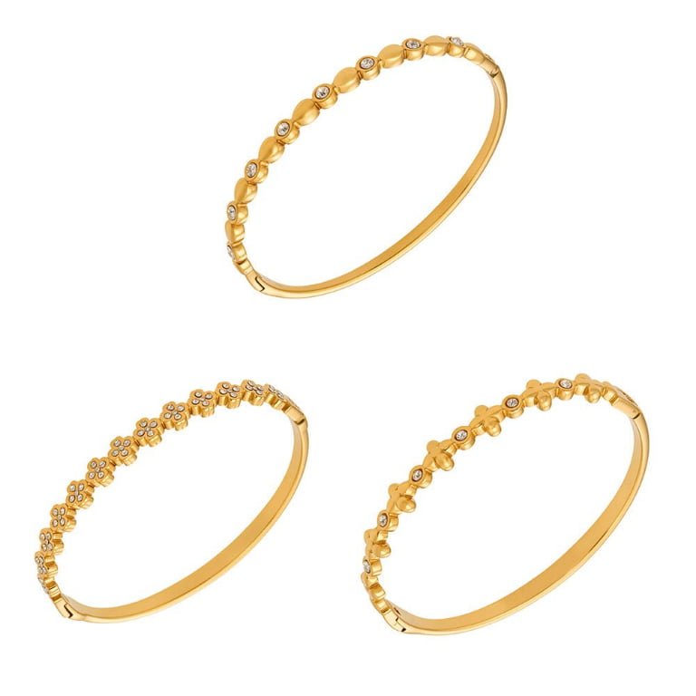 Row Pave Zircon Four-Leaf Clover Hinged Stainless Steel Bangle