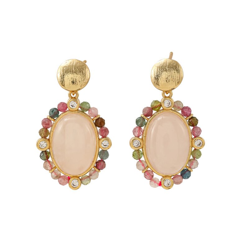 Natural Gemstone Halo Dangle Drop Stud Earrings