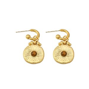 Embossed Round Tiger Eye Coin Dangle Huggie Earrings