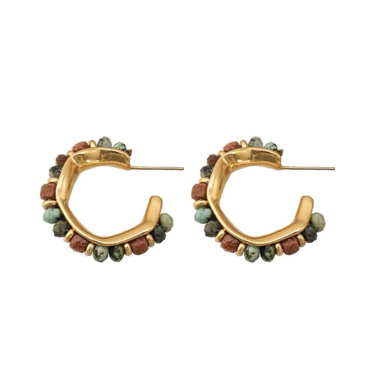 Mixed Earth-Tone Natural Stone Hexagon C Hoop Earrings