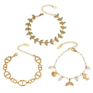 3Pcs Ocean Mermaid Tail Pearl 18K Gold Stainless Steel Bracelet