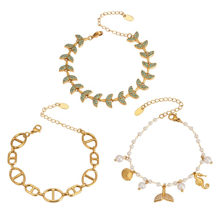 3Pcs Ocean Mermaid Tail Pearl 18K Gold Stainless Steel Bracelet