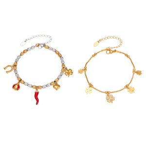Two-Tone Bead Multi Lucky Charm Stainless Steel Bracelet