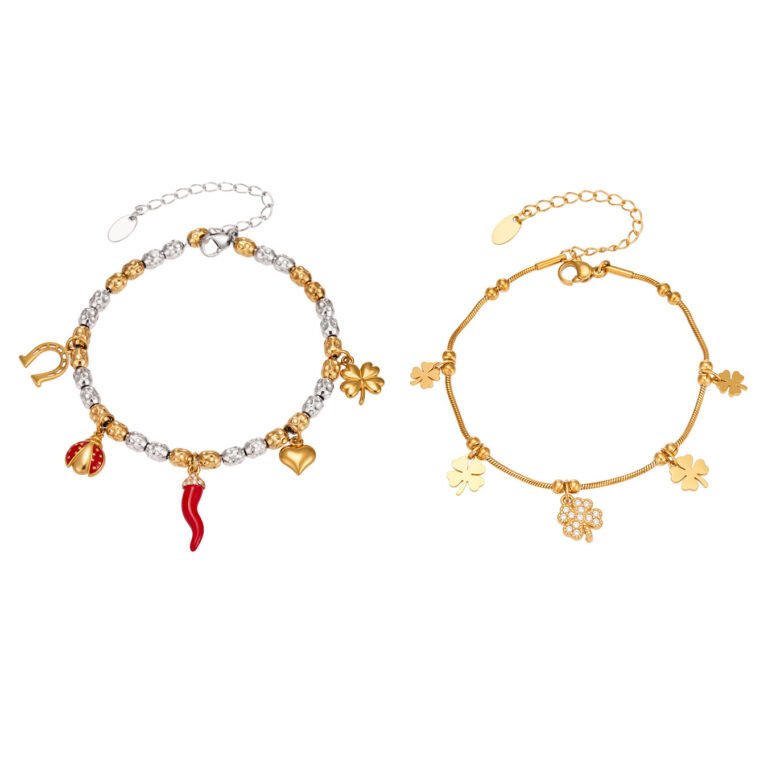 Two-Tone Bead Multi Lucky Charm Stainless Steel Bracelet