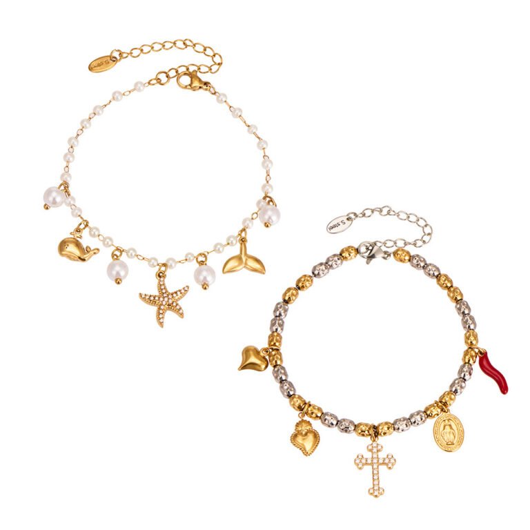Two-Tone Bead Cross Heart Virgin Mary Charm Stainless Bracelet