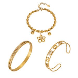 Hammered Paperclip Pave Zircon 18K Gold Stainless Steel Cuff Bangle