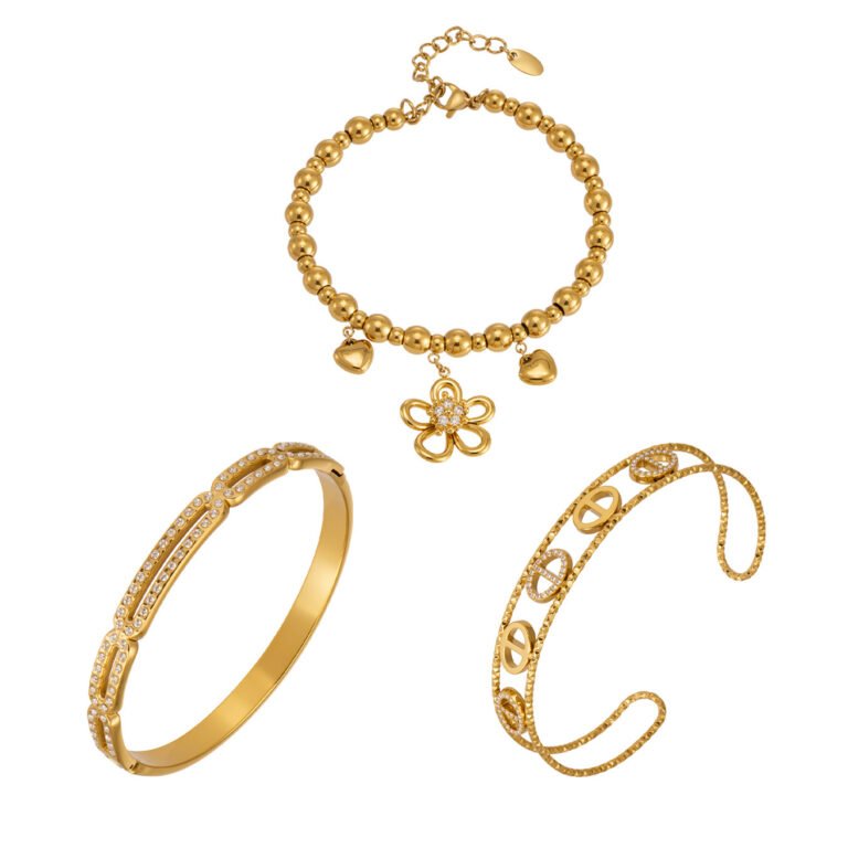 Hammered Paperclip Pave Zircon 18K Gold Stainless Steel Cuff Bangle