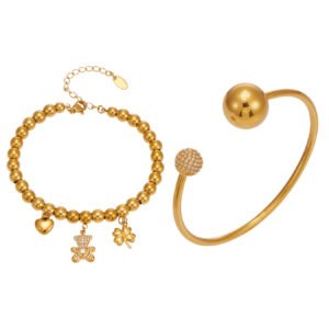 Gold Ball Bead Heart Zircon Clover Stainless Steel Bracelet