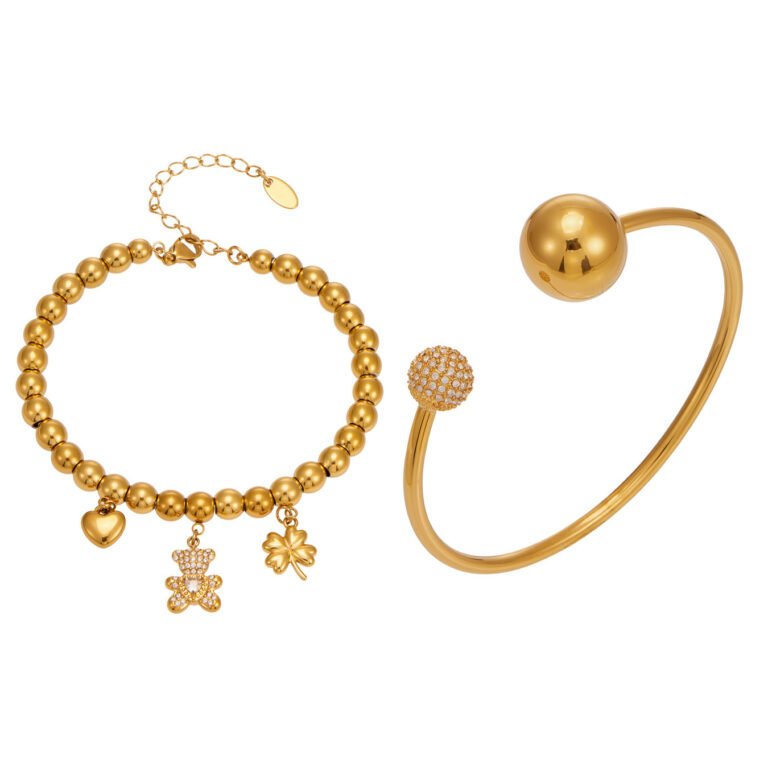 Gold Ball Bead Heart Zircon Clover Stainless Steel Bracelet