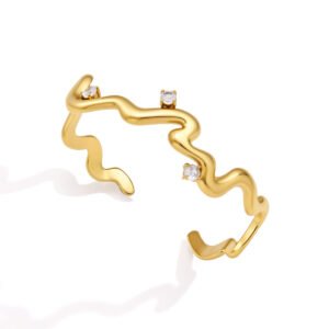 Irregular Wave Inlaid Zircon 18K Gold Stainless Steel Open Cuff Bangle