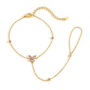 Pink Zircon Butterfly Y Drop Thin Stainless Steel Bracelet