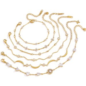 Wavy Bar Round Zircon Thin Stainless Steel Bracelet