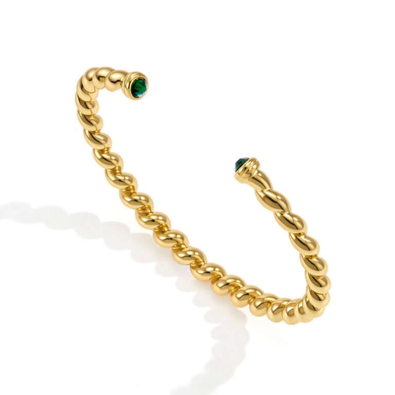 Twist Rope Double Emerald Tip Stainless Steel Open Cuff Bangle