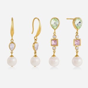 Tiered Teardrop Green Pink Zircon Pearl Drop Earrings