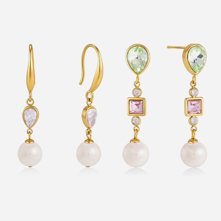 Tiered Teardrop Green Pink Zircon Pearl Drop Earrings