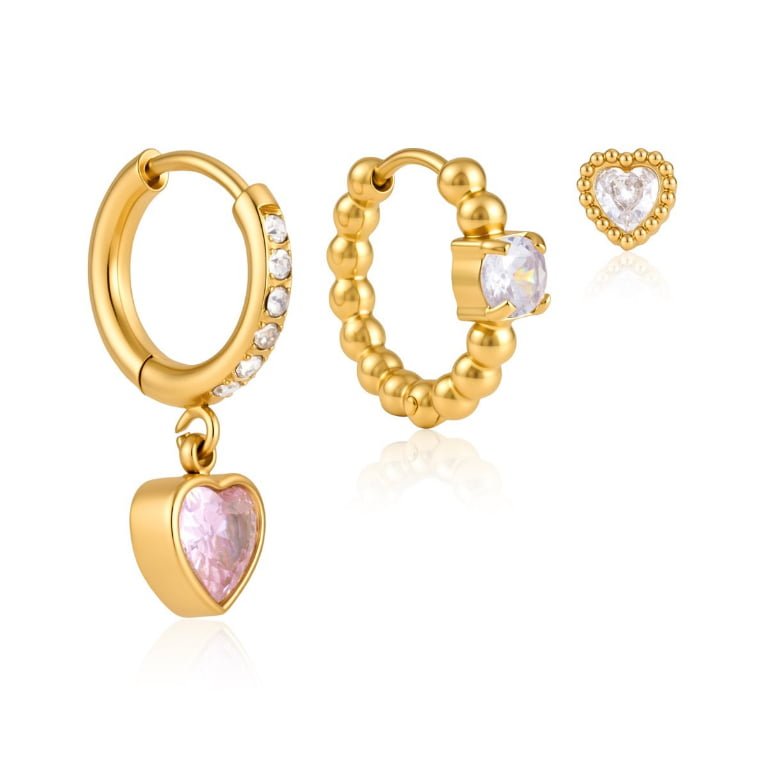 Pink Heart Zircon Mix Huggie Hoop Earring Set