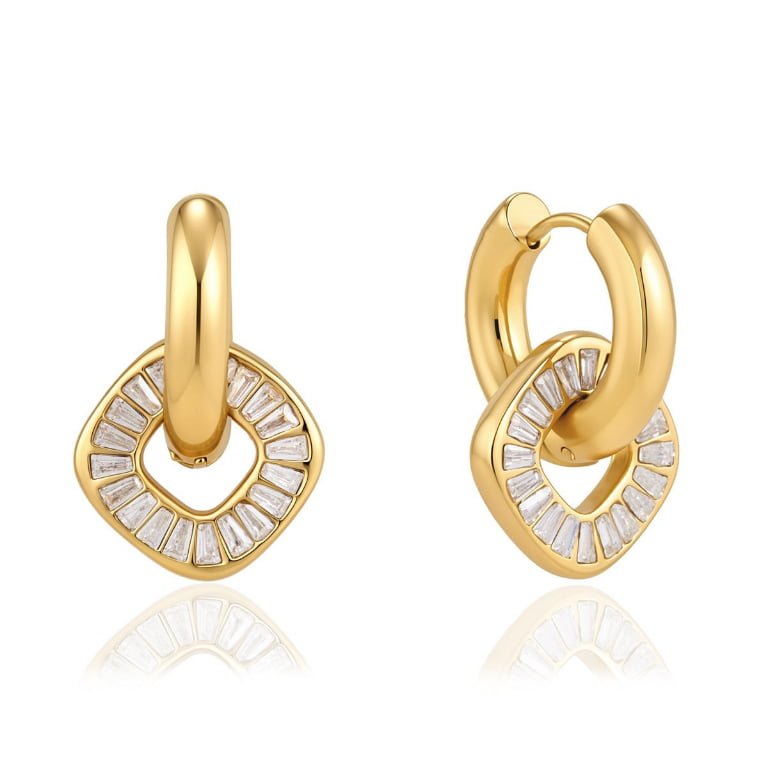 Interlocked Double Hoop Square Baguette Zircon Earrings