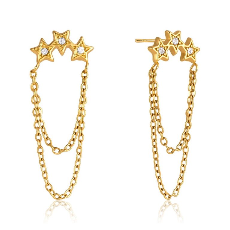 Three Star Zircon Double Layer Chain Drop Stud Earrings