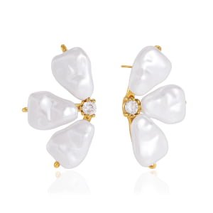 Three Baroque Pearl Flower Zircon Stainless Steel Stud Earrings