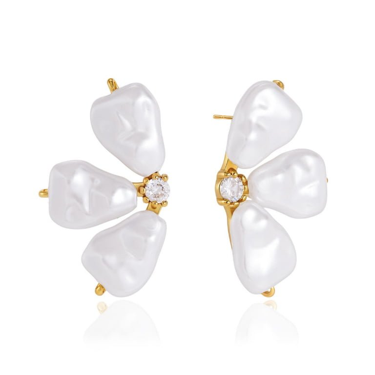 Three Baroque Pearl Flower Zircon Stainless Steel Stud Earrings