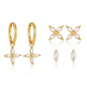3 Pcs Marquise Zircon Four Leaf Stainless Steel Earring Set