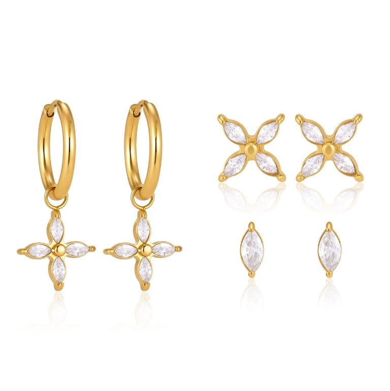 3 Pcs Marquise Zircon Four Leaf Stainless Steel Earring Set