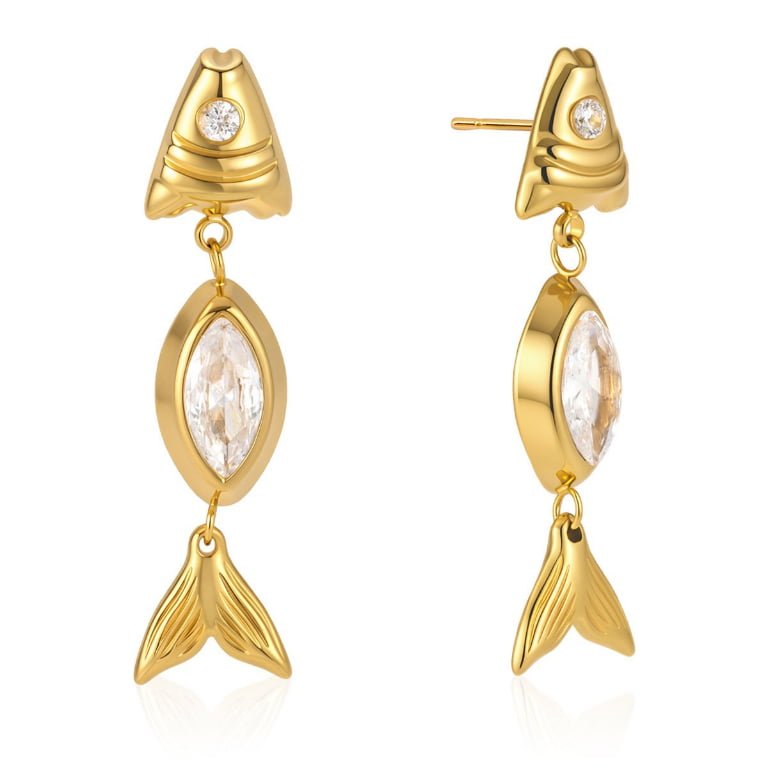 3D Segmented Fish Marquise Zircon Drop Stud Earrings