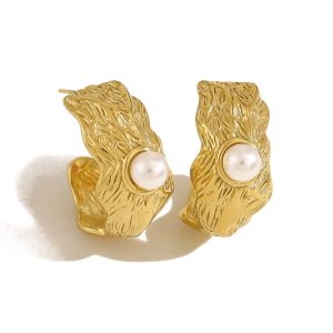 Textured Wavy C-Shaped Pearl Stainless Steel Hoop Earrings
