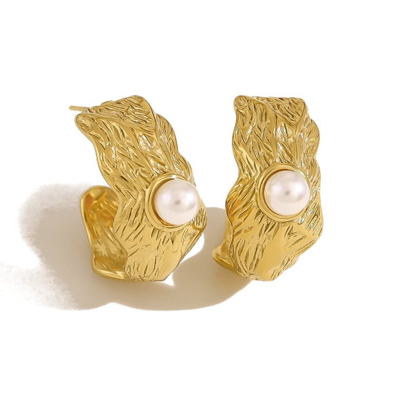 Textured Wavy C-Shaped Pearl Stainless Steel Hoop Earrings