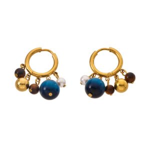 Mixed Tiger Eye Resin Pearl Bead Dangle Huggie Hoop Earrings