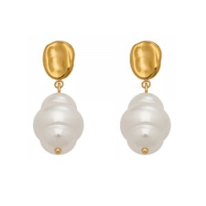 Irregular Gold Plate Layered Gourd Pearl Drop Stud Earrings