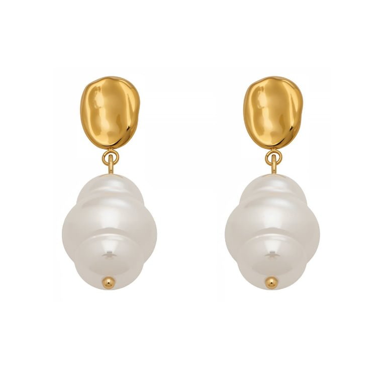Irregular Gold Plate Layered Gourd Pearl Drop Stud Earrings