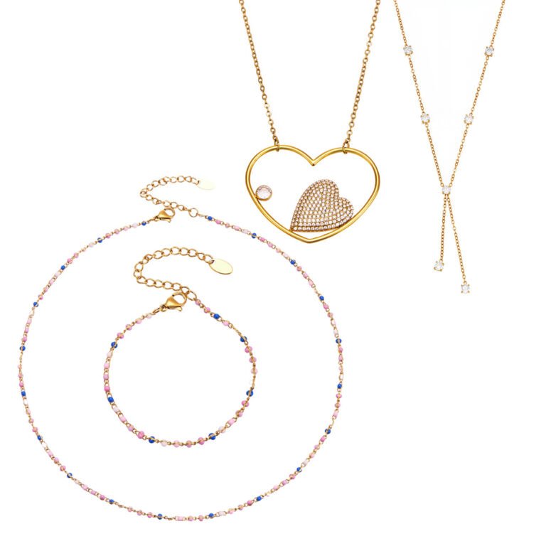 4Pcs Heart Zircon Color Bead 18K Gold Stainless Steel Necklace Jewelry Set