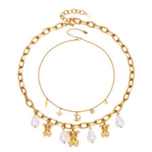 2Pcs Bear Pearl Star Moon Zircon 18K Gold Stainless Steel Layered Necklace Set