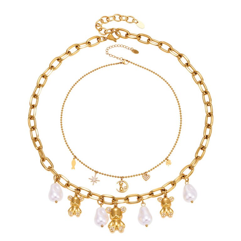 2Pcs Bear Pearl Star Moon Zircon 18K Gold Stainless Steel Layered Necklace Set