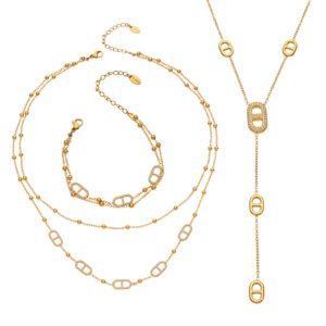 Paperclip Zircon Beaded 18K Gold Stainless Steel Bracelet Necklace Jewelry Set