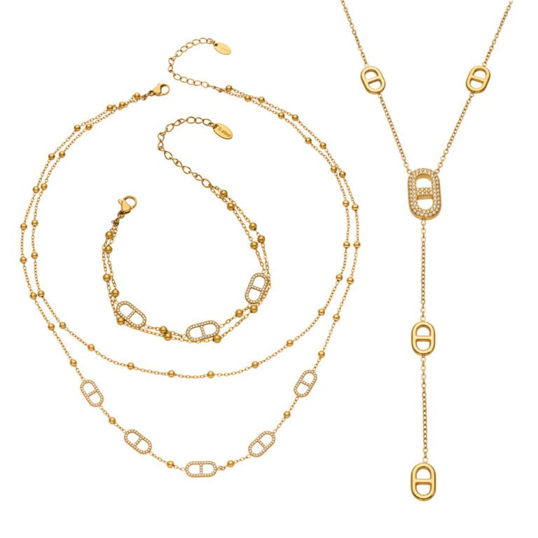 Paperclip Zircon Beaded 18K Gold Stainless Steel Bracelet Necklace Jewelry Set