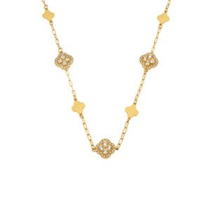 Mixed Solid Pave Zircon Clover 18K Gold Stainless Steel Necklace