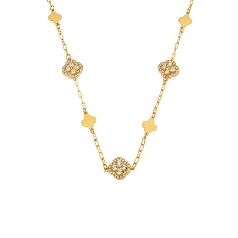 Mixed Solid Pave Zircon Clover 18K Gold Stainless Steel Necklace