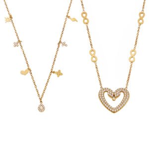 Infinity Link Pave Zircon Hollow Heart 18K Gold Stainless Steel Necklace