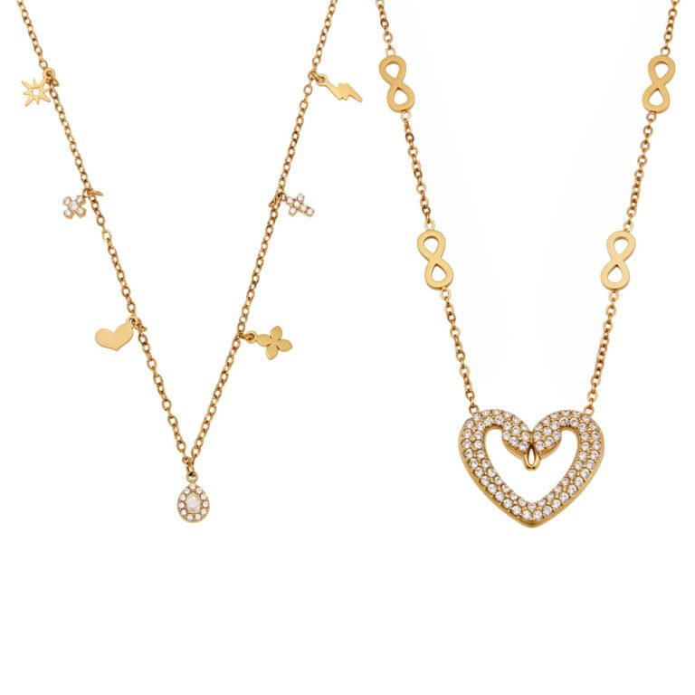 Infinity Link Pave Zircon Hollow Heart 18K Gold Stainless Steel Necklace