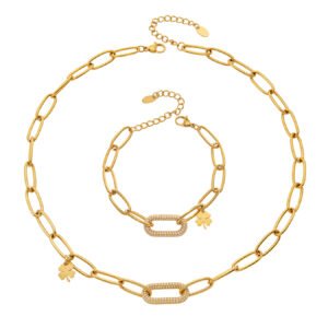 Chunky Paperclip Zircon Clover 18K Gold Stainless Steel Necklace