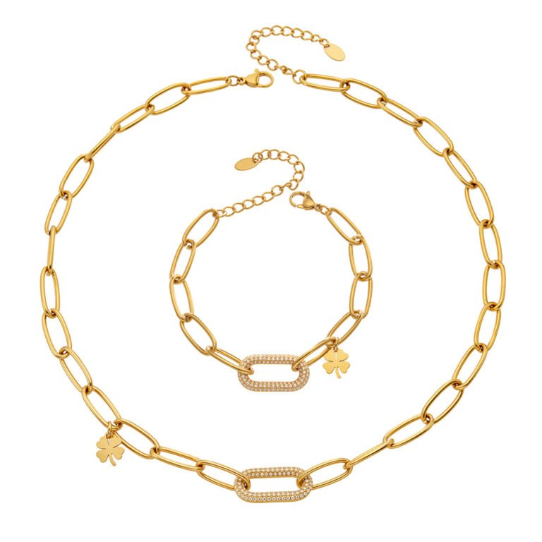 Chunky Paperclip Zircon Clover 18K Gold Stainless Steel Necklace