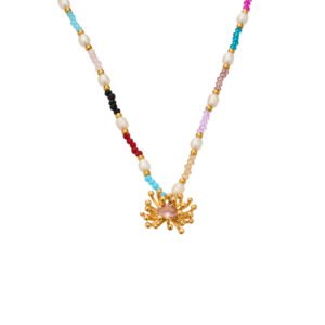 Rainbow Bead Pearl Pink Crystal Flower Stainless Steel Necklace