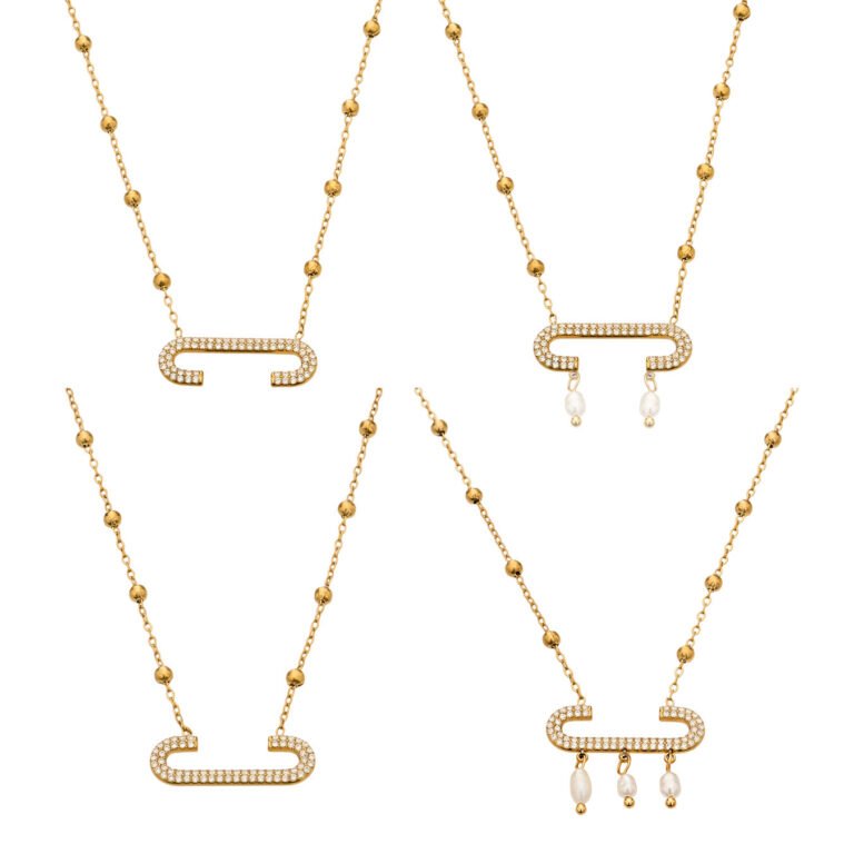 Pave Zircon U-Shape Baroque Pearl 18K Gold Stainless Steel Necklace