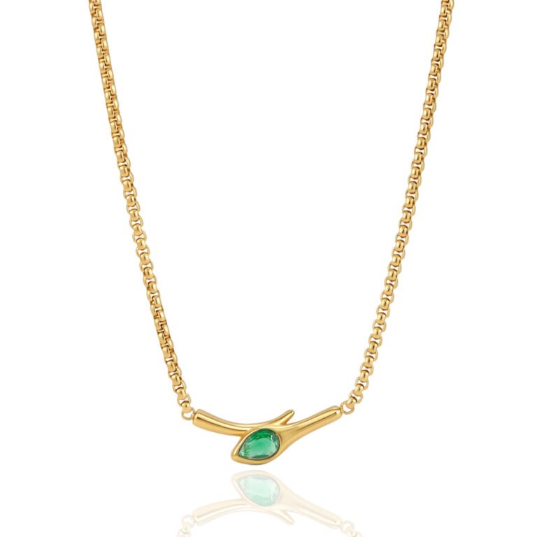 Twig Teardrop Emerald 18K Gold Stainless Steel Box Chain Necklace