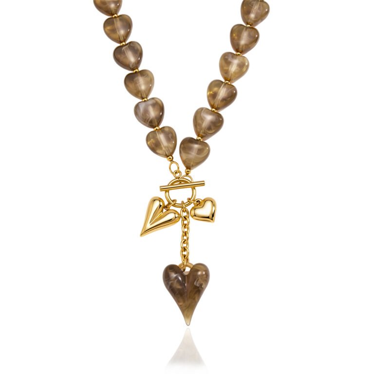 Smoky Resin Heart Bead Multi Heart OT Toggle Stainless Steel Necklace